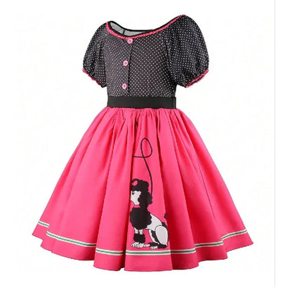 Girls Party Dresses Summer Dress Poodle Print Polka Dot Vintage Dress With Scarf Outfit Girls Casual Summer Dresses Birthday