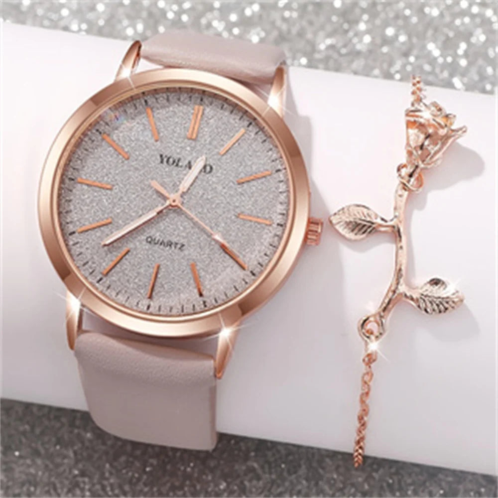 2PCS/Set Women's Watch Shiny Fashion PU Leather Analog Quartz Watches Rose Flower Bracelet