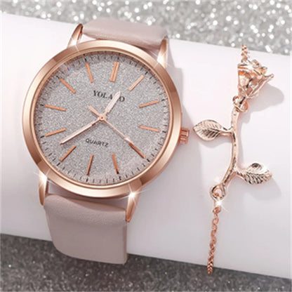 2PCS/Set Women's Watch Shiny Fashion PU Leather Analog Quartz Watches Rose Flower Bracelet