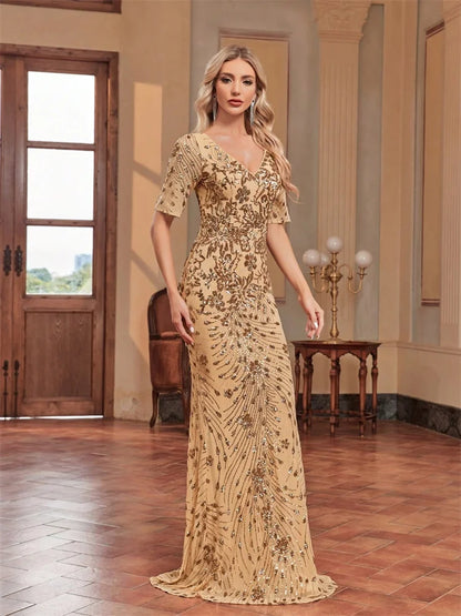 Elegant Vneck Sequins Evening Dresses For Women Short sleeves Mermaid Formal Luxury Wedding Party Prom