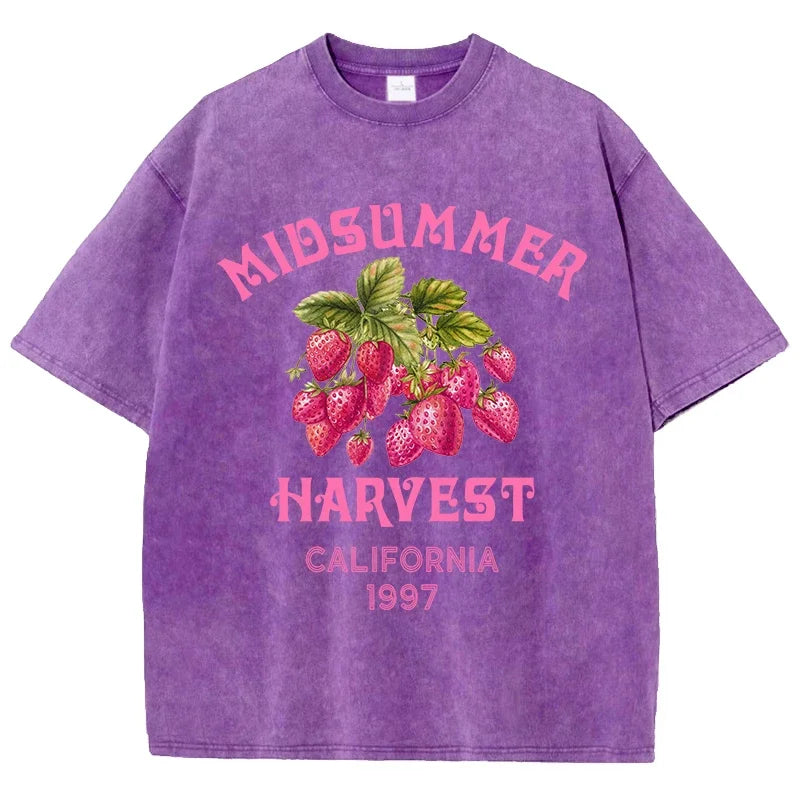Men's Cotton T-shirt California Strawberry Printed Washed T-shirt Comfortable Round Neck Top Men's Summer Clothing