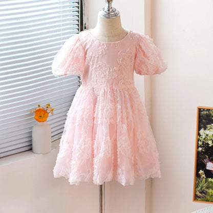 New Summer Teenager Girl Dress Solid Color Short Puff Sleeves Square Collar 3D Flower Sequined Baby Princess Dresses 2025