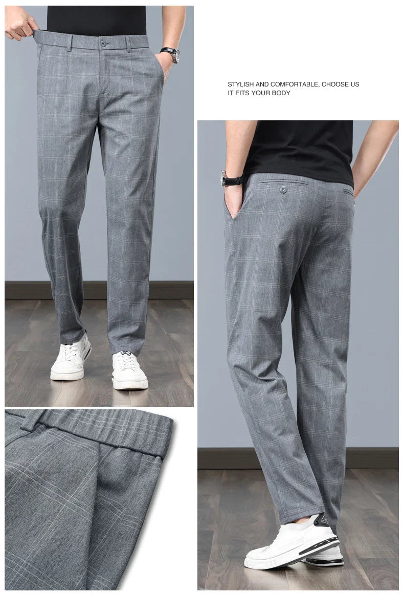 Summer Thin Plaid Formal Stretch Pants Men Slim Business Grey Black Casual Pant Fashion Male Clothing England Trousers