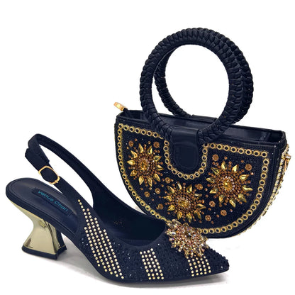 Specials Italian Women Heels Shoes and Bag Set Royal Purple Color Comfortable With Rhinestone for Party