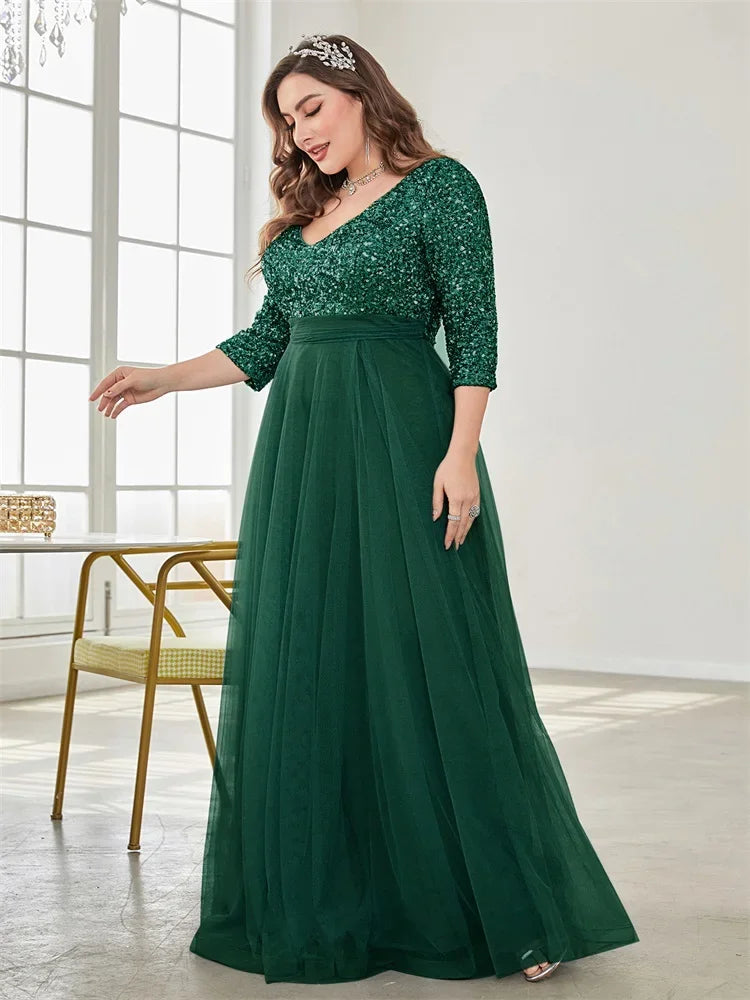 Plus Size Luxury Floor Length V-Neck Evening Dress Women Elegant Party Maxi Dress Sequins Short Sleeves Prom Cocktail Gowns