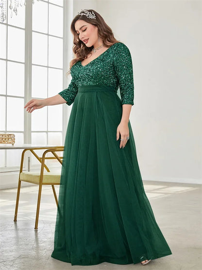 Plus Size Luxury Floor Length V-Neck Evening Dress Women Elegant Party Maxi Dress Sequins Short Sleeves Prom Cocktail Gowns
