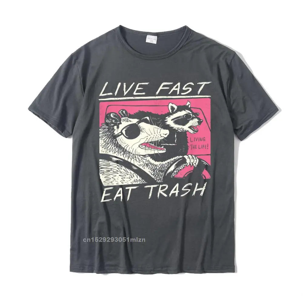 Viva rápido! Coma lixo! T-Shirt em Promoção Nova Camiseta Camisas Masculinas Para Homens Blusas de Algodão Estampas Harajuku
