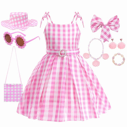 2025 Summer Beach Baby Girl Pink Cute Sleeveless Plaid Slim Strap Dress For Girl Cowboy Look Stripe Dress Set With Belt