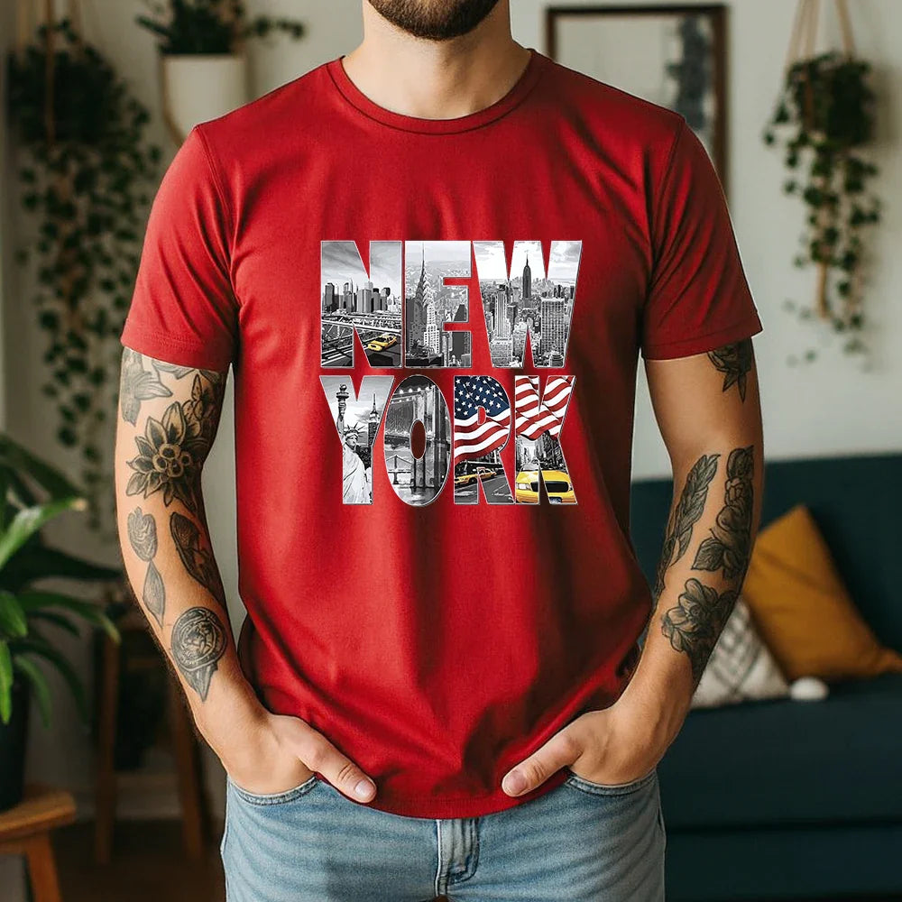 New Summer 100% Cotton T-Shirt New York City Landmark Letter Retro American Street Style Oversized Breathable Short Sleeve