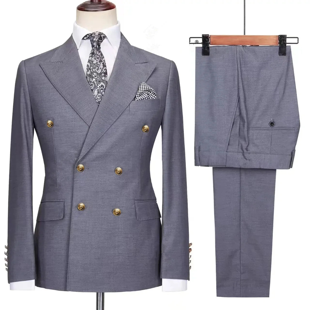 Double Breasted Men Suit Navy Blue High Quality Wedding Costume Party Prom Gold Buttons Groom Suits