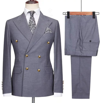 Double Breasted Men Suit Navy Blue High Quality Wedding Costume Party Prom Gold Buttons Groom Suits