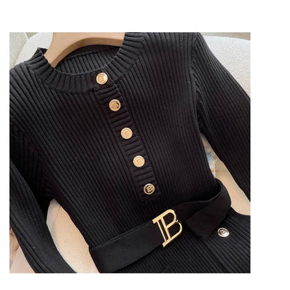 Autumn Winter Women Knitted Dress Brand Fashion O-neck Buttons Bodycon Sweater Dress with Belt Lady Office Dress