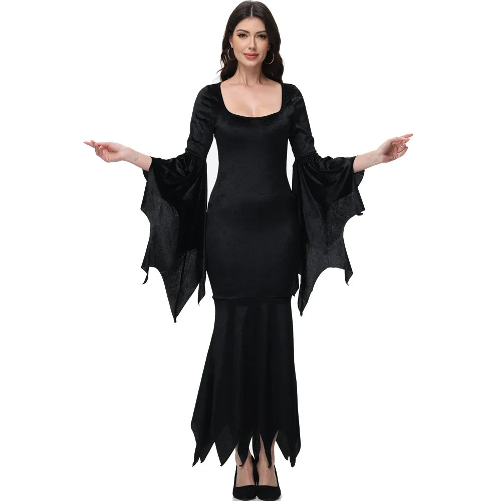 Halloween Morticia Adams Primate Black Adams Family Dress Retro Gothic Flared Sleeve Fishtail Dress Vestido
