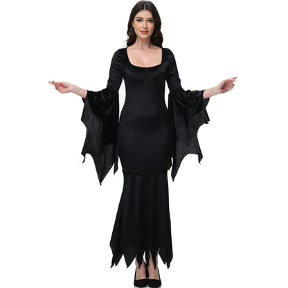 Halloween Morticia Adams Primate Black Adams Family Dress Retro Gothic Flared Sleeve Fishtail Dress Vestido