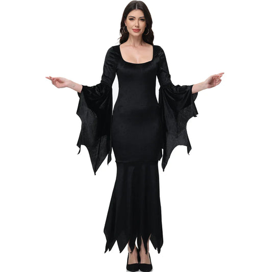 Halloween Morticia Adams Primate Black Adams Family Dress Retro Gothic Flared Sleeve Fishtail Dress Vestido