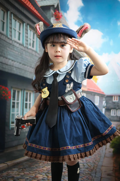 Judy Cosplay Costume Kids Carnival Party Dress Girls Tie Headdress Belt Socks Sets Police Role Play Movie Uniform Birthday Gift