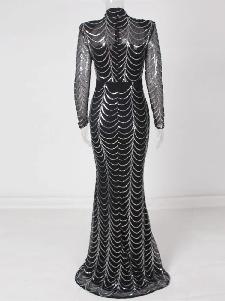 Vestido Formal Longo de Festa com Lantejoulas, Manga Comprida, Gola O Alta, Ombreiras, Forro Comprido, Vestido de Noite para Festa