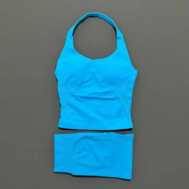 Women Seamless Gym Set 2Pcs Halter Neck Sports Crop Top High Waist Scrunch Butt Shorts Workout Fitness Yoga Tracksuit Sportswear