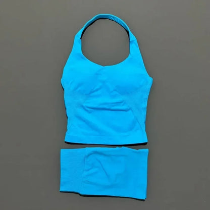 Women Seamless Gym Set 2Pcs Halter Neck Sports Crop Top High Waist Scrunch Butt Shorts Workout Fitness Yoga Tracksuit Sportswear