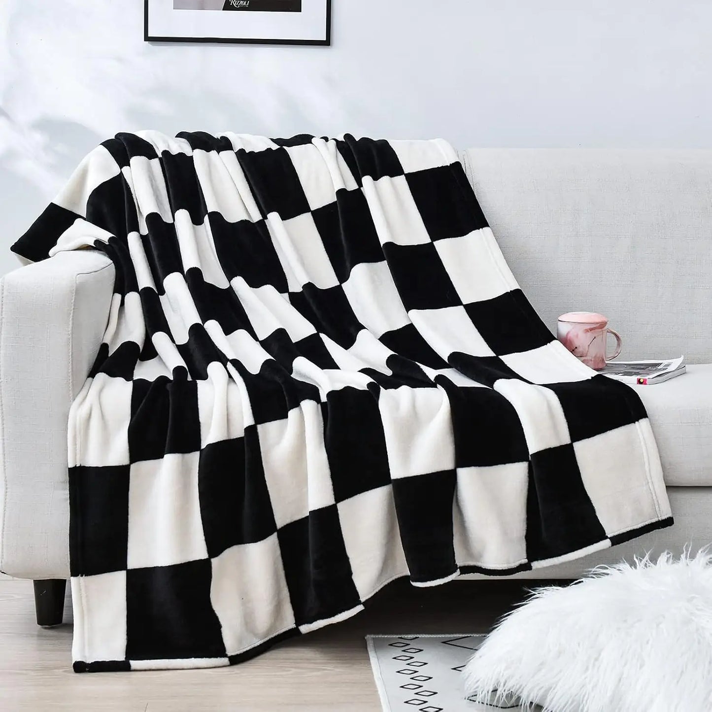 1PC Throw Checkerboard Black and Orange Flannel Blanket for Couch Bed Sofa Cozy Comfy Warm Halloween Decor for All Season