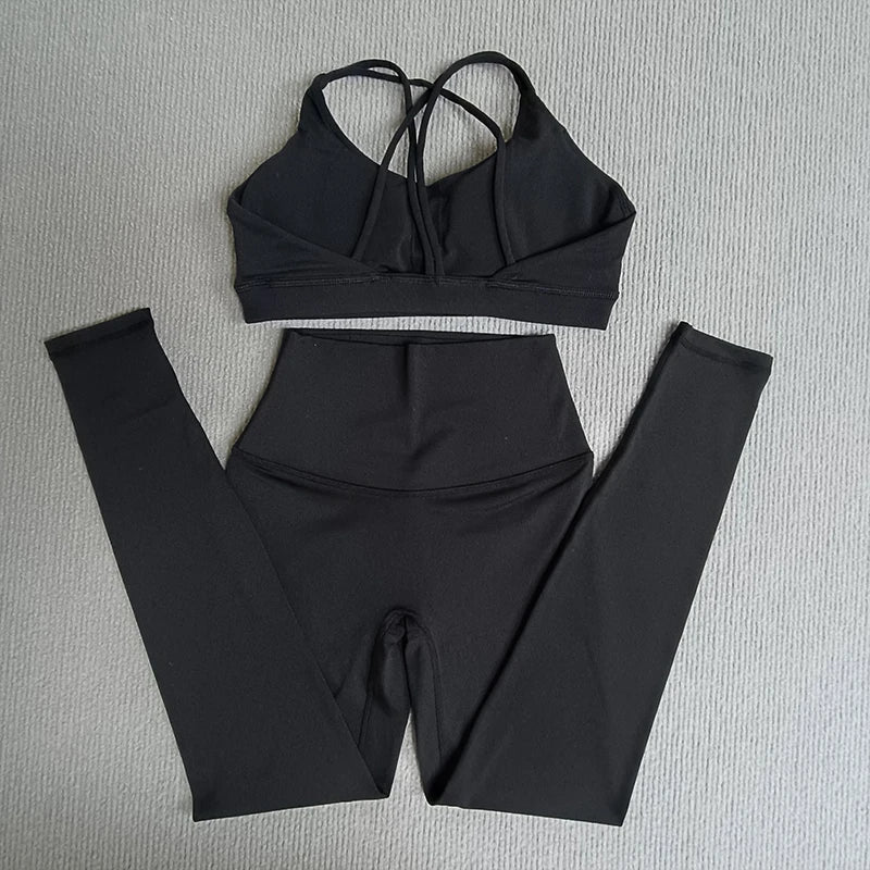 2 Pcs Women's Gym Tights Yoga Sports Set High Waist Leggings Cross Back Bra Top Fitness Running Workout Tracksuit