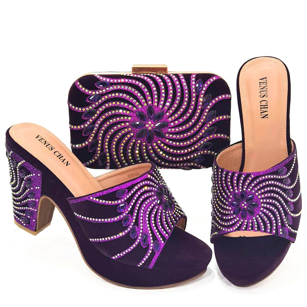 The Latest Italian Design Rotary Rhine-Diamond Floral Thick Heel Platform Women's Comfortable Shoes Bag and Shoe Set