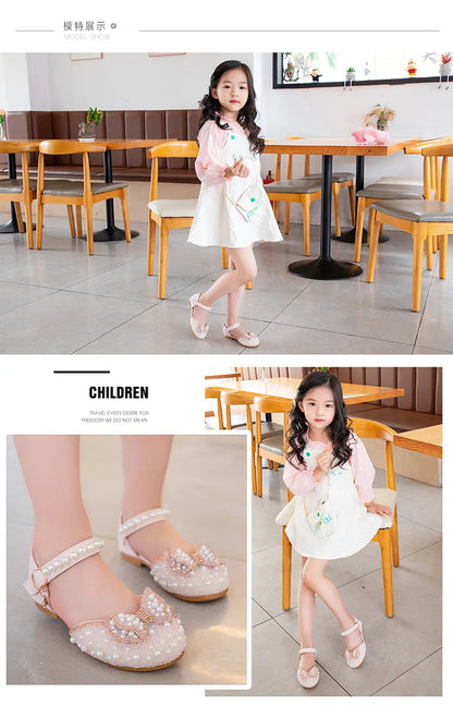 2026 Spring New Girl Sandals Cute Bow Pearl Sequins Kid Princess Shoes Flat Heels children Dancing 21-34
