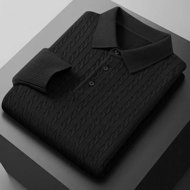Men's Knitted Polo Shirts Button Cable Pullover Sweater V-neck Long Sleeve Outerwear Warm Heavyweight Solid Jumper