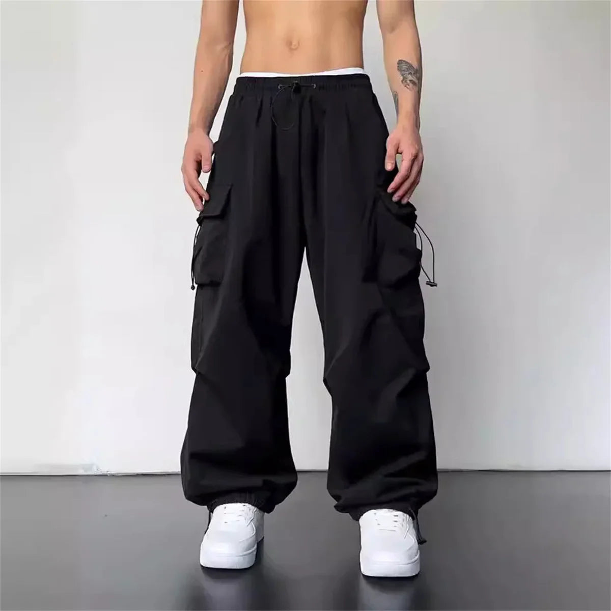 Black Men's Hip Hop Cargo Pants Casual Summer Solid Multiple Pockets Trousers Cool Ribbons Techwear Hip Hop Sweatpants Boys