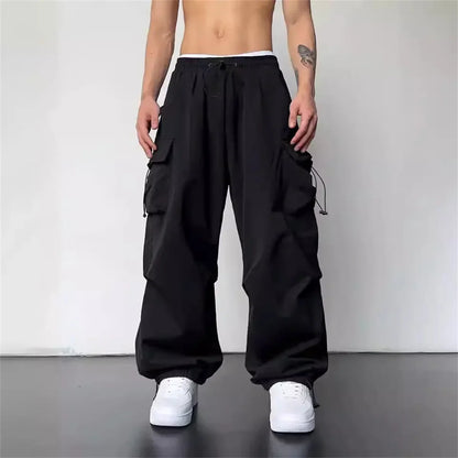 Black Men's Hip Hop Cargo Pants Casual Summer Solid Multiple Pockets Trousers Cool Ribbons Techwear Hip Hop Sweatpants Boys