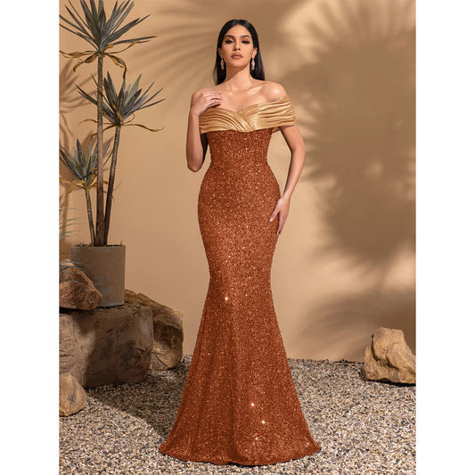 Off-the-shoulder pleated hip-hugging dress, elegant and chic dress