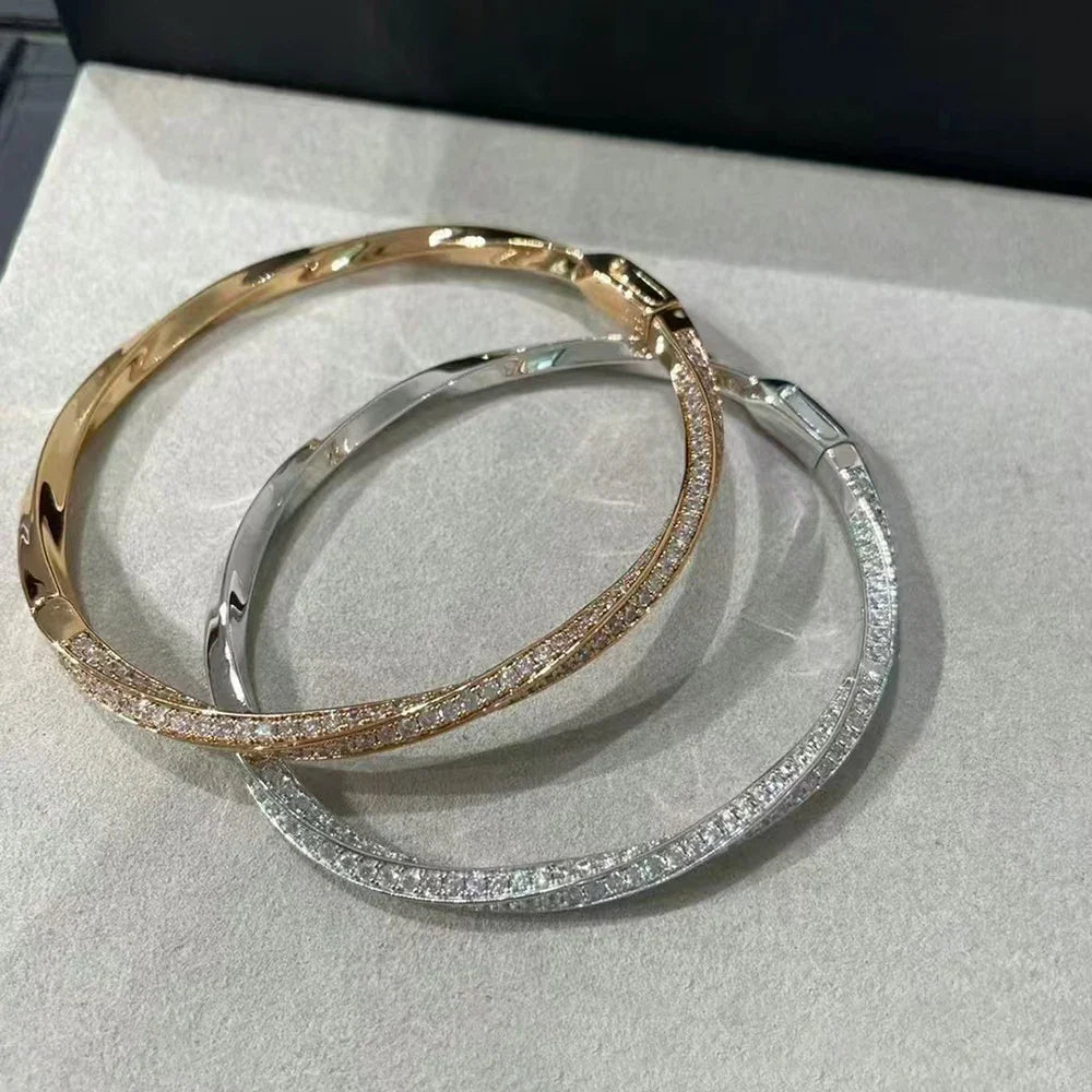 Bangle Micro Pave Moissanite Diamond Bracelet for Women 925 Sterling Silver Plated 18k Gold Eternity Twisted Bangle