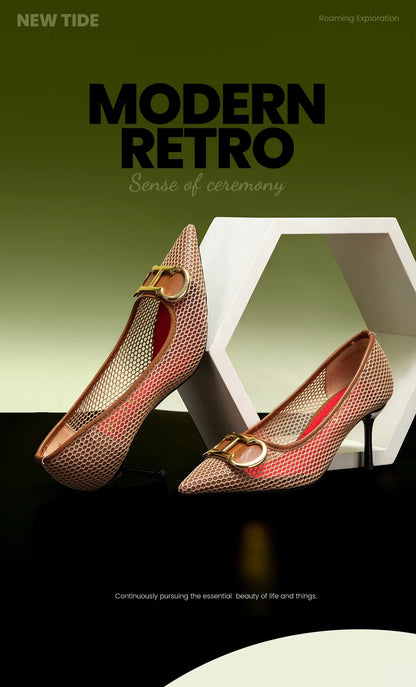 High Heels Red 2025 Spring New Hollow Business Women's Shoes 7cm Red Evening Shoes net