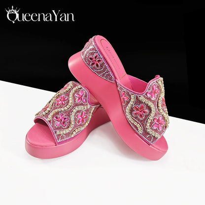 Popularity Open Toe Luxury Fashion Women High Heels Shoes and Bags Set With Rhinestone for Wedding Party Elegant