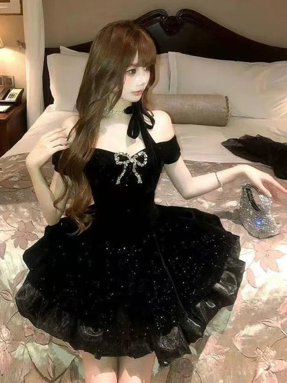 2025 Autumn Vintage Elegant Y2K Velvet Off Shoulder Dress Bow Bodycon Mini A-line Women Evening Party Subculture Lolita Formal