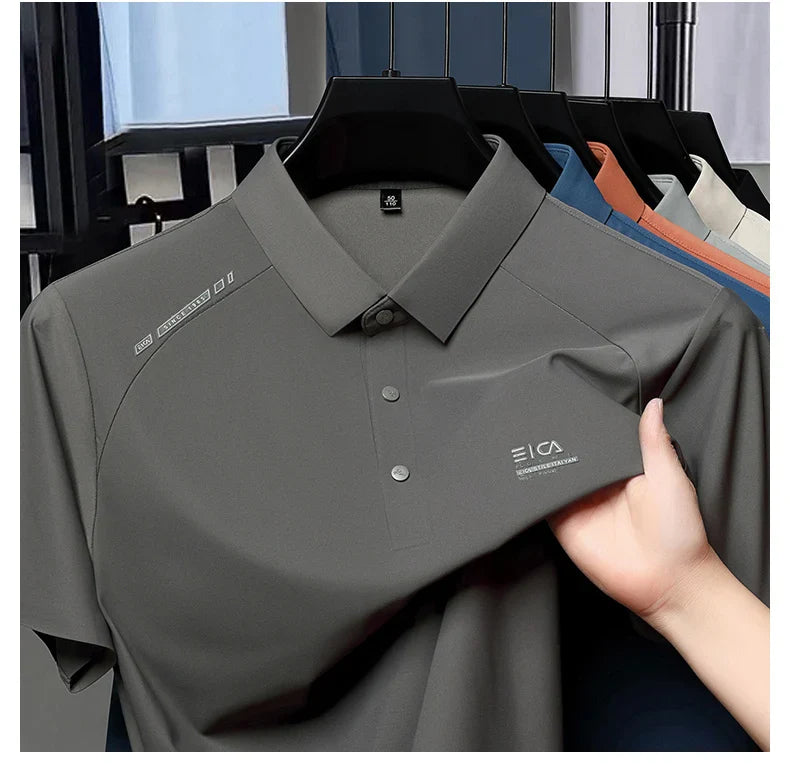 High quality ice silk short sleeve polo shirt cool breathable fashion brand letter printed summer casual men's lapel T-shirt