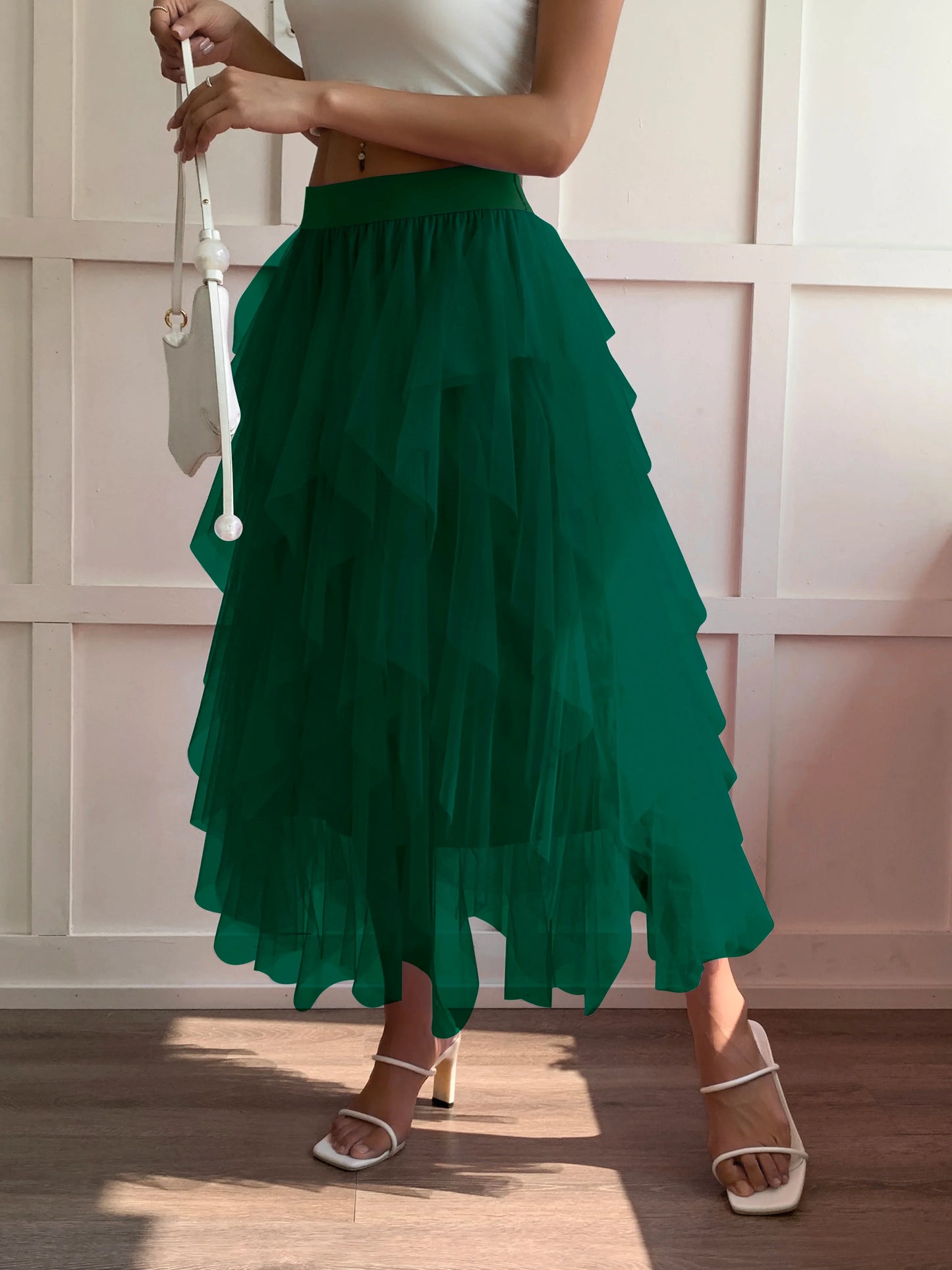 Medium waist chiffon long skirt for women, irregular layered pleated edge layered cake skirt, elegant fairy A-line skirt