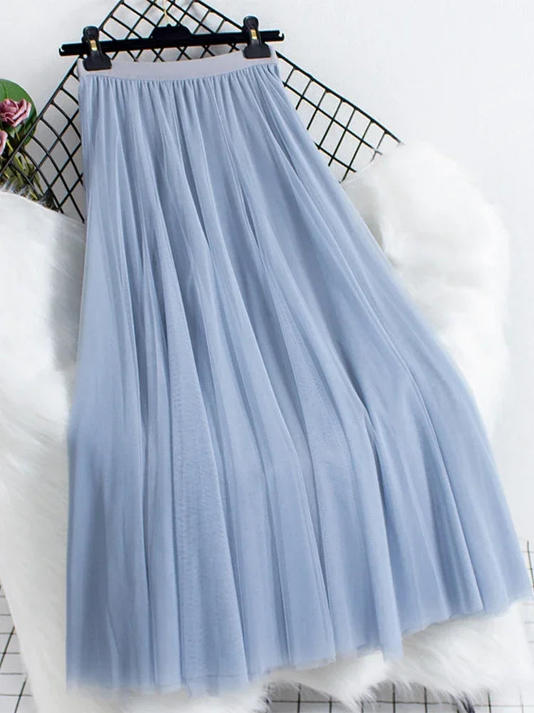 New large hem chiffon long skirt for women's Korean casual simple solid color three-layer A-line high waisted long skirt