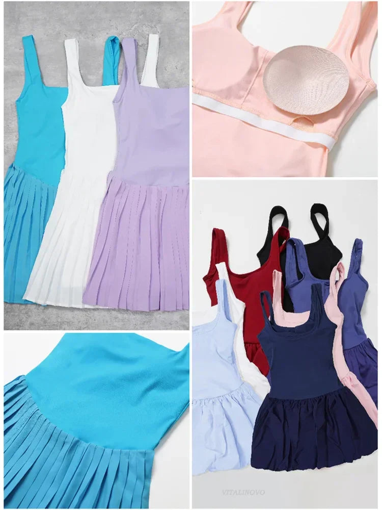 Workout Tennis Dress with Built in Shorts Square Neck Padded Workout Dress with Pockets Golf Athletic Mini Dresses