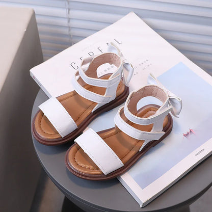 Little Girl's Sandals Gladiator Style Black White Children Sliders Flat Pu Leather Fashion Hook-loop Kids Summer Shoes 21-30