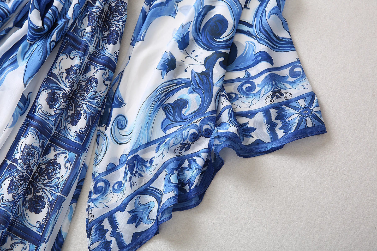 Red Blue And White Porcelain Print Holiday Dress Summer Vintage Bohemia Dress Women's  Loose Lace Up Belt Long Robe Vestido