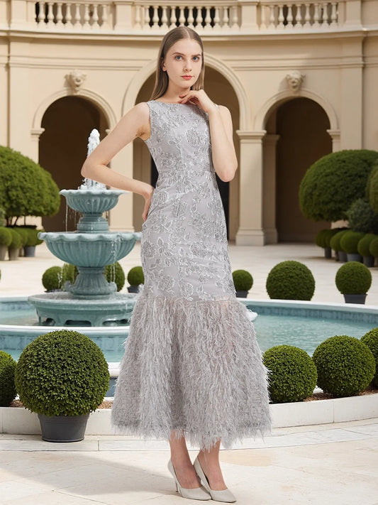 New Arrival Organza Fishtail Long Dress Maxi Evening Summer Sleeveless Bodycon Fitting Gown Feathers Women Robe Vestido
