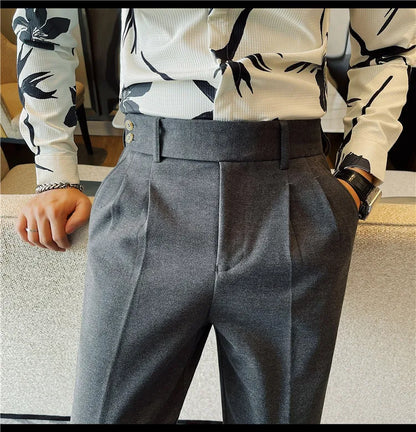 Men's Slim Fit Naples Business Casual Trousers Made of Autumn and Winter Wool, Thickened for Warmth, Classic Ankle-length Pants.