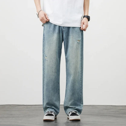 Korea Baggy Jeans Men's Vintage Straight Ripped Y2k Pants Fashion Frayed High Street Distressed Denim Trousers Male Clothes