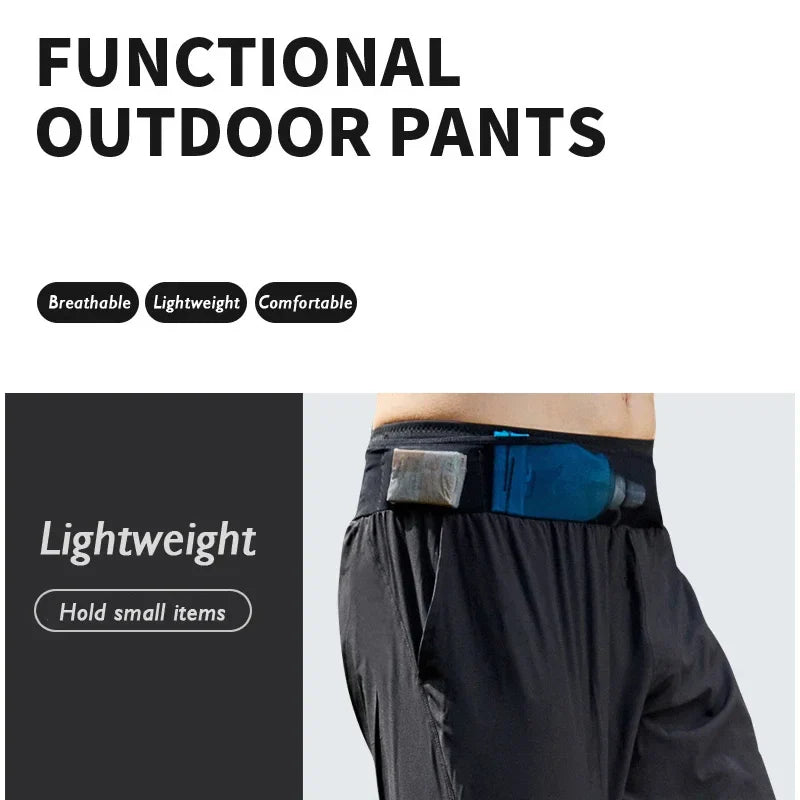 Lightweight Quick Dry Ice Silk Marathon Running Pants with Around waist Pack Breathable Workout Fitness Jogging Sport Trousers