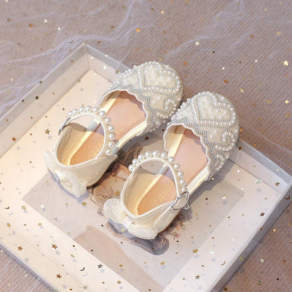 2025Summer Girls Sandals With Heel Fashion Rhinestone Shiny Glitter Shoes Children Princess Bowtie Pearl Dancing Shoes