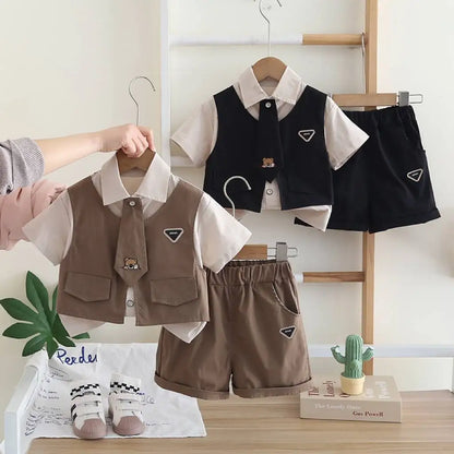 Children Summer Baby Boys Gentleman Clothes Suit Casual Tie T-Shirt Shorts 2Pcs/Sets Infant Kids Casual Clothing Outfits 1-5year