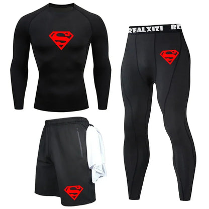 Bat Graphic Print Long Sleeve Set Men's Compression T-Shirt Shorts Pants Suit 3 Piece Set Spring Summer Gym Fitness Sportswear