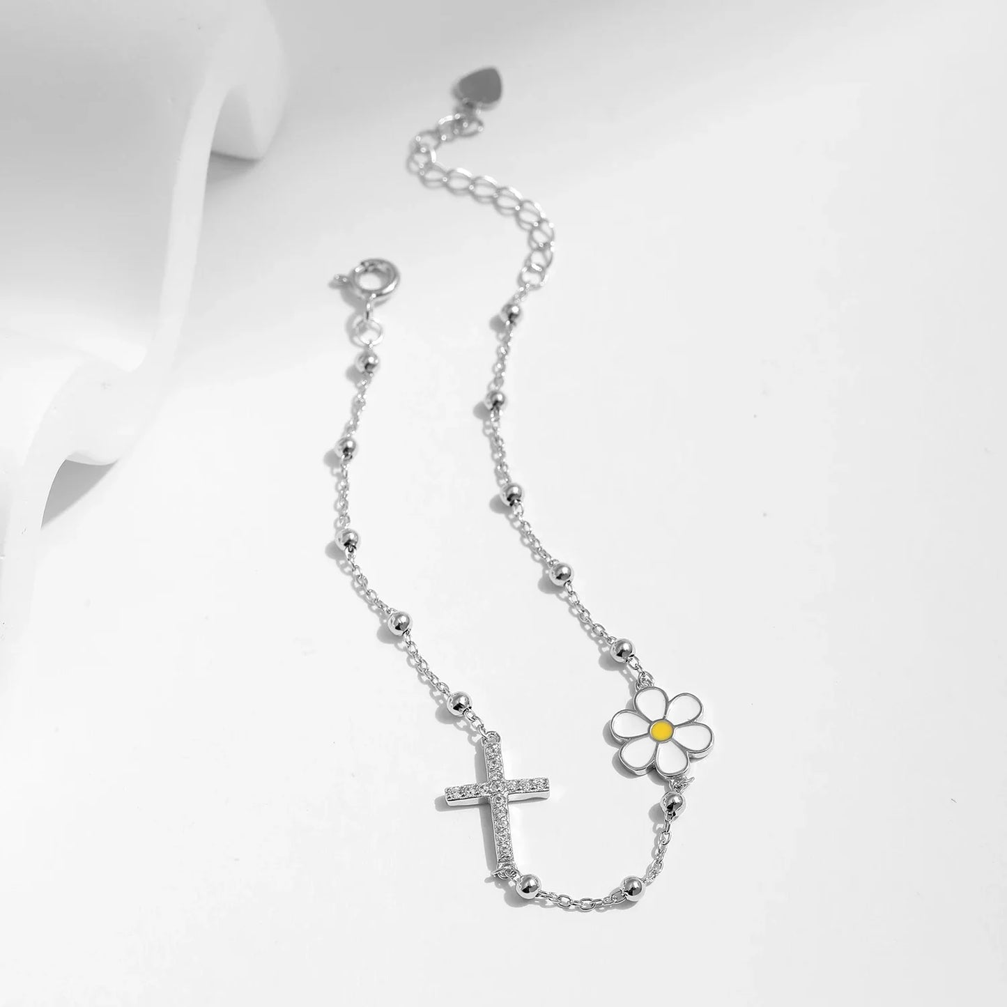 Enamel Daisy Bracelet 925 Sterling Silver Charm Cross & Flower CZ Beads Delicate Bracelets For Women Fine Jewelry