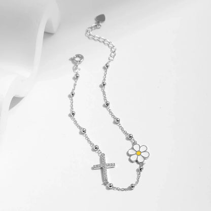 Enamel Daisy Bracelet 925 Sterling Silver Charm Cross & Flower CZ Beads Delicate Bracelets For Women Fine Jewelry
